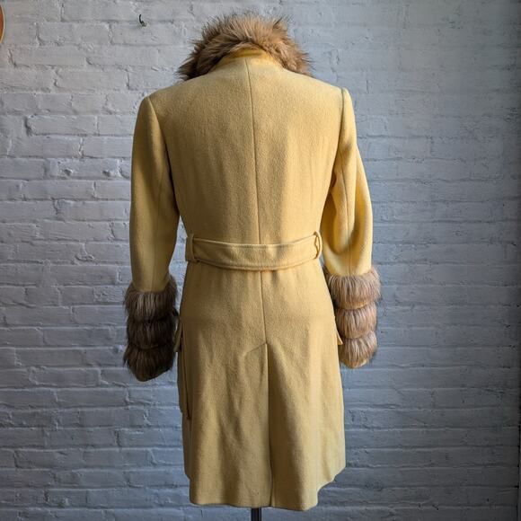 Vintage Yellow Wool Trench Coat Groovy Penny Lane Jacket Faux Fur Coat Medium - Picture 4 of 10